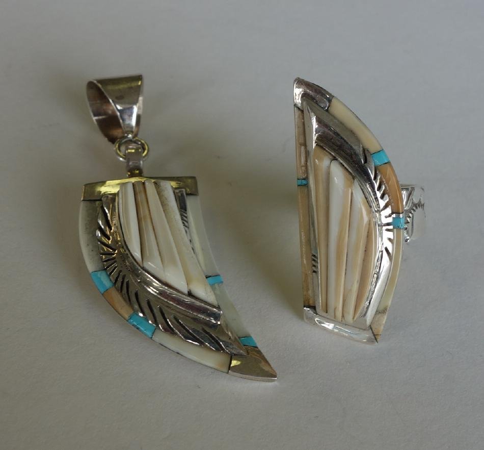 Ken Romero, Turquoise & Sterling Pendant & Ring: A Southwest ring and pendant suite by inlay artist and jewelry designer Ken Romero (Taos, New Mexico, b-1956). Claw form ring and pendant, the centers inlaid with polished bone / tusk, the mosaic bord
