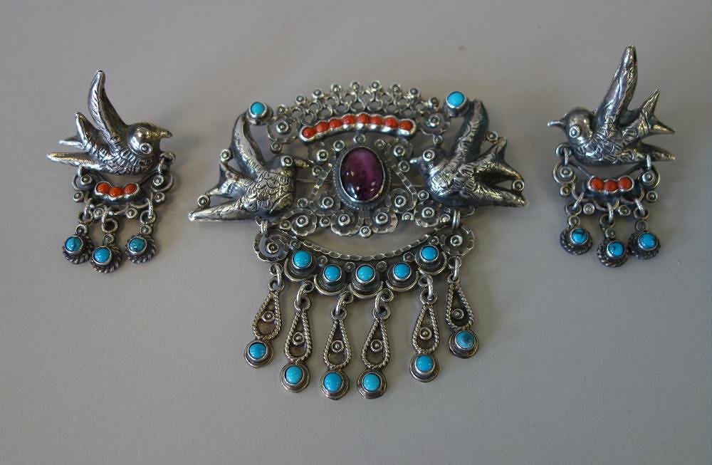 Amethyst, Coral & Turquoise Brooch & Earrings (1 of 2)