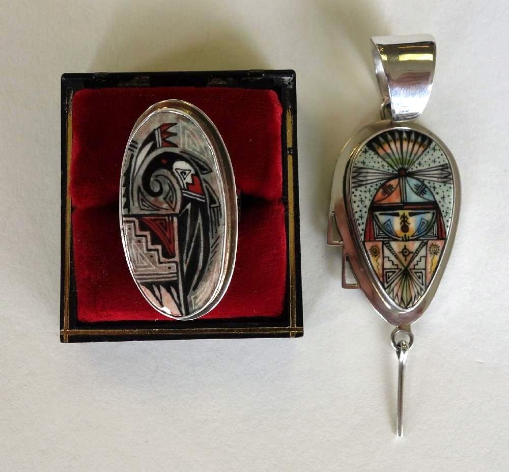 Allen Aragon, Navajo Yei Pendant & Ring: A Southwest ring and pendant by Navajo artist and jewelry designer Allen Aragon. Hand-painted on ceramic / pottery and inlaid into sterling silver. The Yei pendant measures 3.25" long, 1" wide. The ri