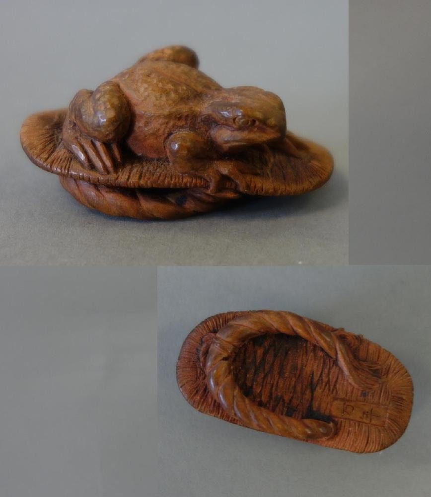 Fine Carved Wood Netsuke, Toad on a Sandal, Signed (1 of 3)