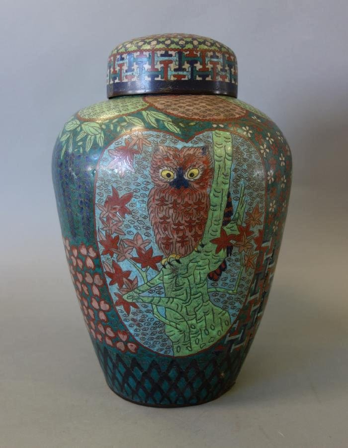 Large Japanese Cloisonne Ginger Jar, Owl, Iris + (1 of 4)