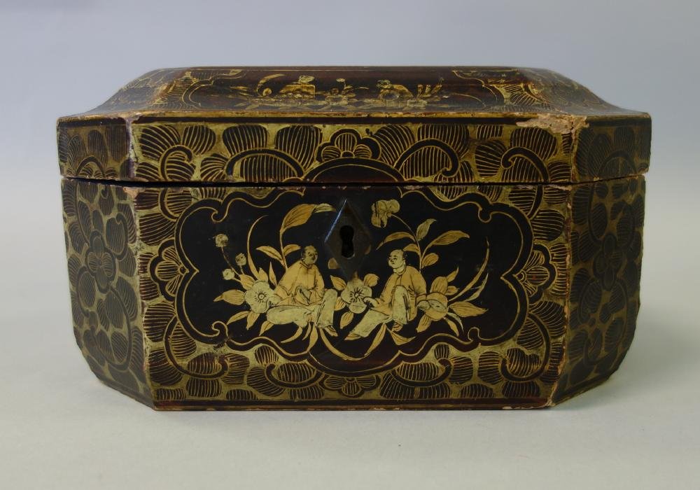 19th Chinese Lacquer & Pewter Tea Caddy (1 of 6)