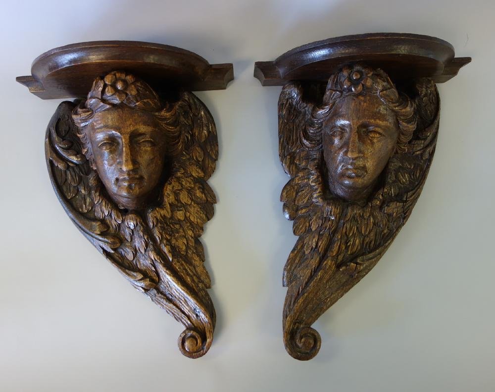 19thc Carved Oak Wall Bracket Consoles, Pair (1 of 1)