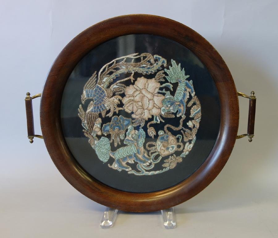 Chinese Needlework & Mahogany Tray (1 of 3)
