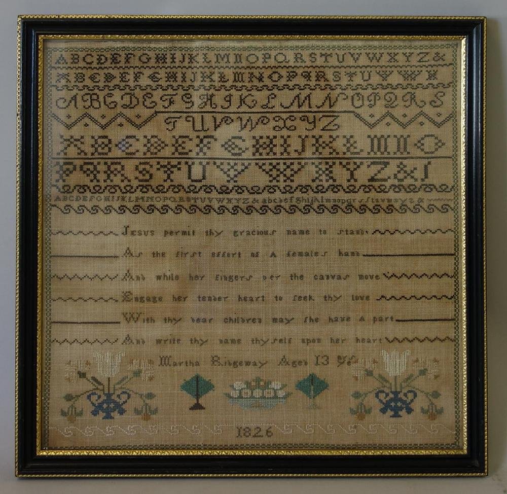 Fine Needlework Sampler, Martha Ridgeway, 1826 (1 of 3)