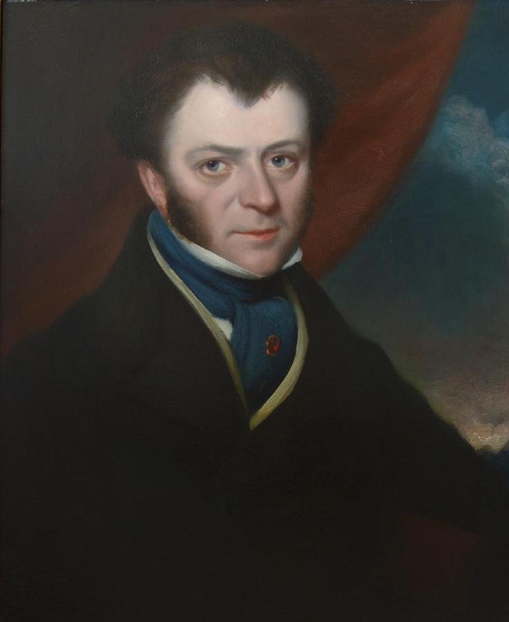 19thc Portrait of a Gentleman, Formal Attire: Framed portrait of a gentleman. 19th century. The painting depicts a distinguished man dressed in a formal black coat with a high white collar and blue cravat with stick pin. Measures 24" x 20". Frame