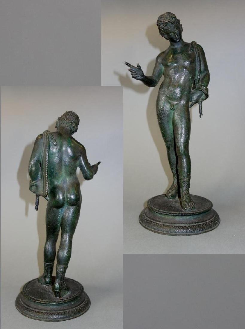 19thc Bronze Model of Narcissus, Male Nude: A bronze model of Narcissus. Late 19th century. After the Pompeii original found in 1862, currently in the Museo Nationale Napoli. The male nude figure measures 11" high.