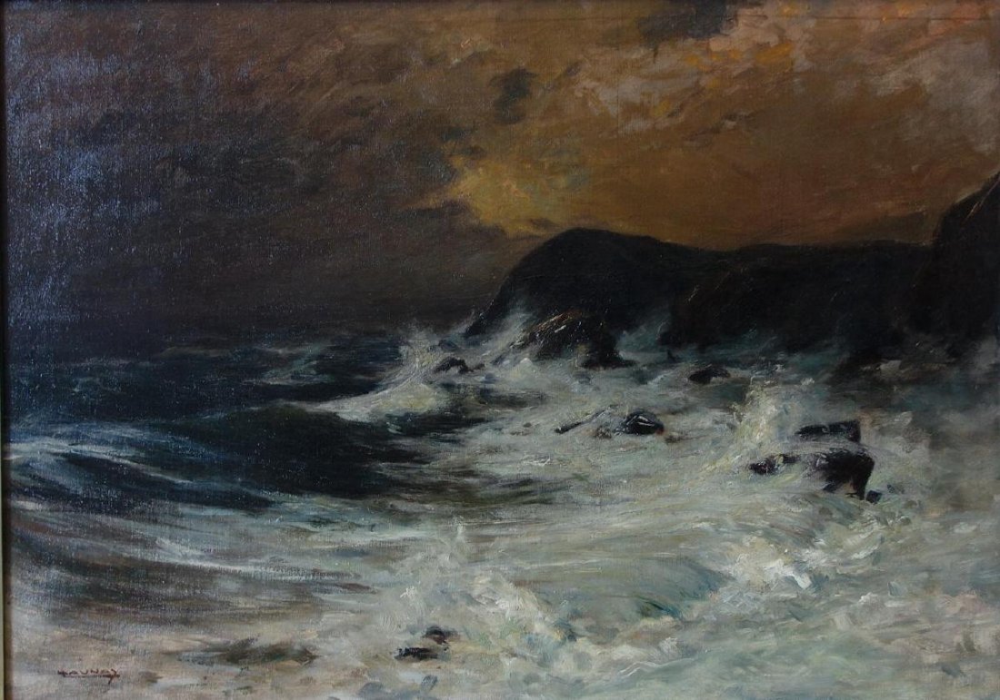 Leon Launay, The Raging Sea, Oil on Canvas: Framed oil on canvas by Leon Launay (early 20th century). The seascape painting depicts a raging sea. Signed lower left. Measures 19.75" x 28.5". Framed measurement 26.25" x 34". NOTE: small minor rep