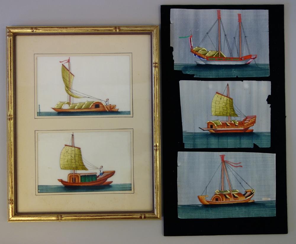 5 Chinese Pith Paper Paintings of Boats (1 of 3)