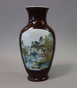 Chinese Porcelain Vase, Famille Verte Enamels: A Chinese porcelain vase. Republic era. Flattened baluster shaped vase, the two opposing sides having panels finely decorated with famille verte and rose enamels, depicting figures within landscape se