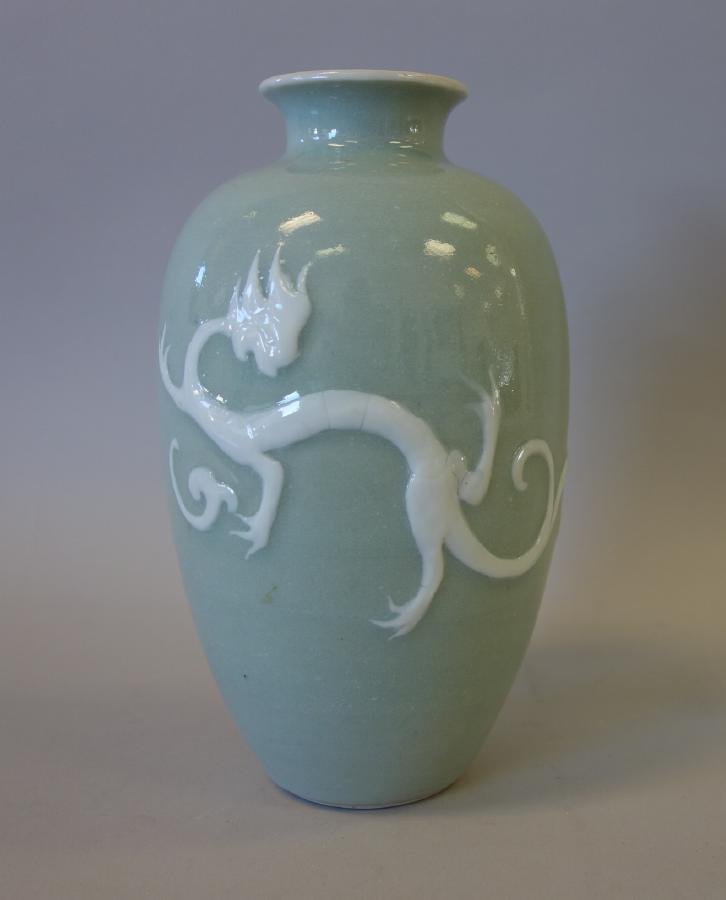 Asian Celadon Glazed Porcelain Vase, Qing Era (1 of 3)