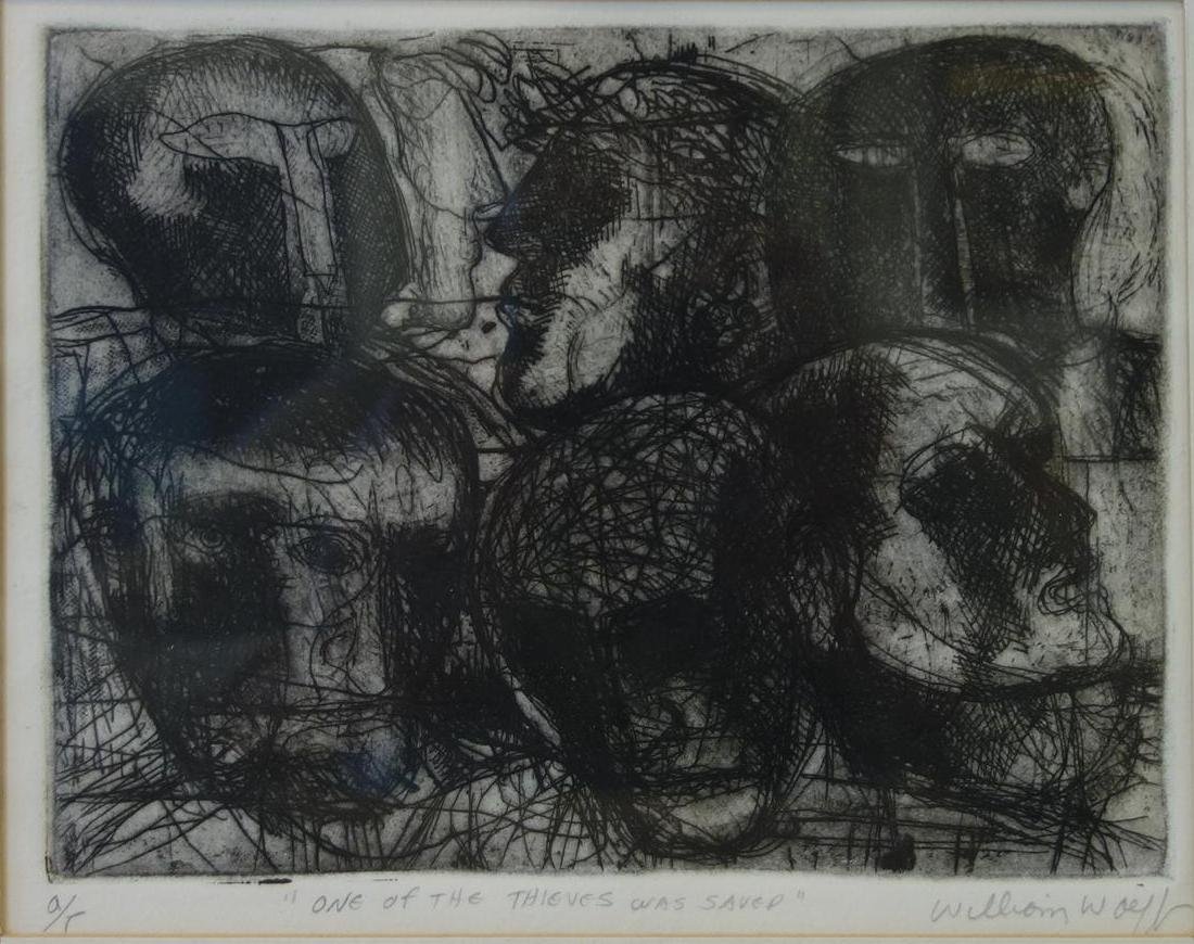 William Wolff (1922-2004) Abstract Woodcut: Framed woodcut by California artist William Frederick Wolff (1922-2004). Titled "One of the Thieves was Saved". Artist proof, pencil signed. Sheet sight measurement 6.25" x 8". Framed and matted under