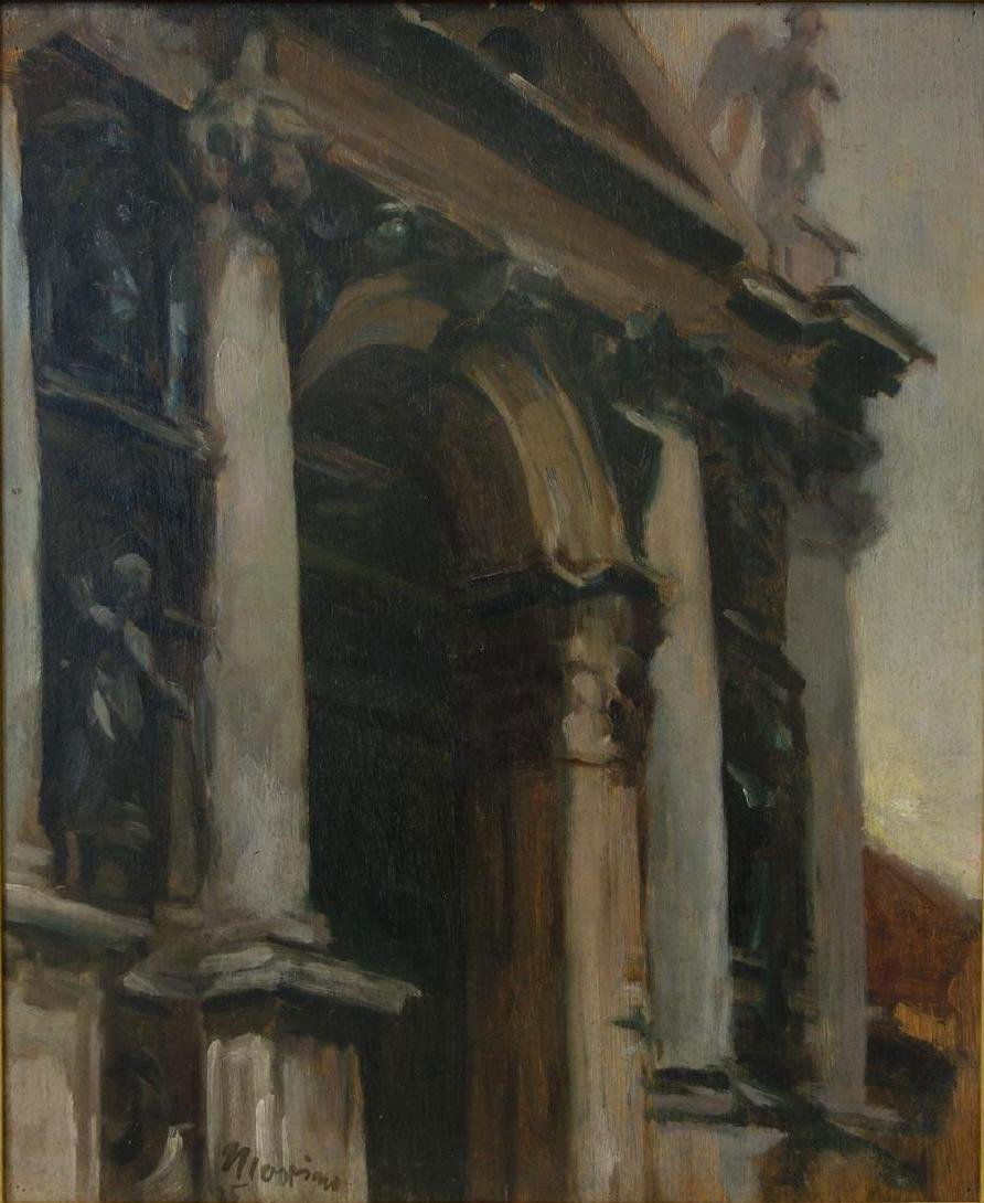 Edmund Pick-Morino (1877-1958) Portal Santa Maria: Framed oil on panel by Edmund Pick-Morino (1877-1958). The painting is titled (label attached to back of frame) Portal de Santa Maria della Salute (Venice, Italy). Signed by the artist lower left and