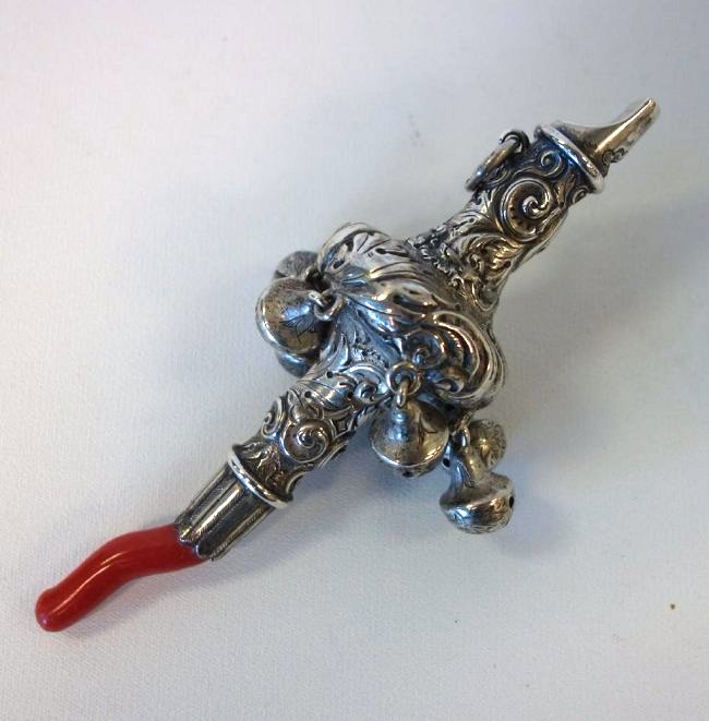 English Sterling Baby Rattle Coral Teether & Bells (1 of 1)