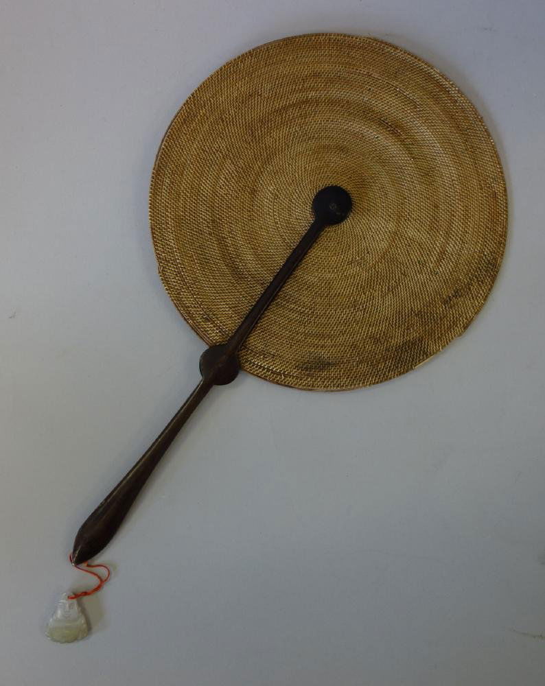 Chinese Woven Grass Fan with Jade Buddha (1 of 3)