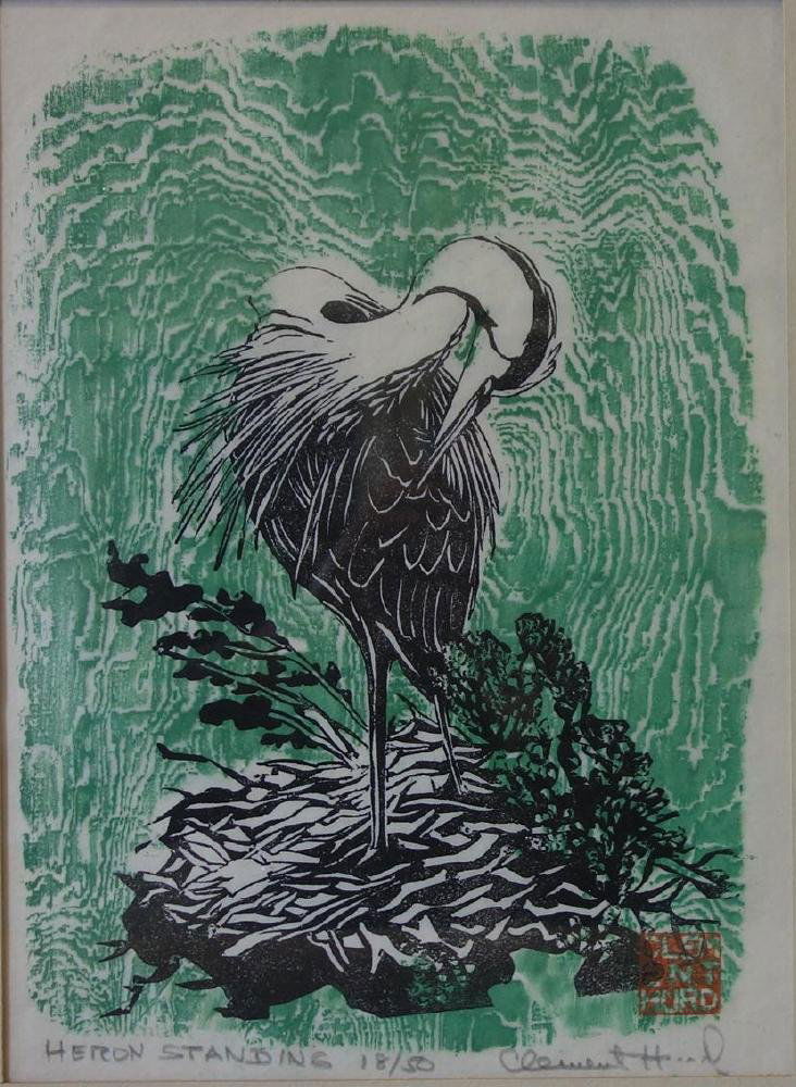 Clement Hurd (1908-1988) Heron Standing, Signed: Framed woodcut by Clement Hurd (New York / California, 1908-1988). Titled: Heron Standing, edition 18/50. Pencil signed by the artist. Sight measurement 12.25" x 8-7/8". Appropriately framed and matte