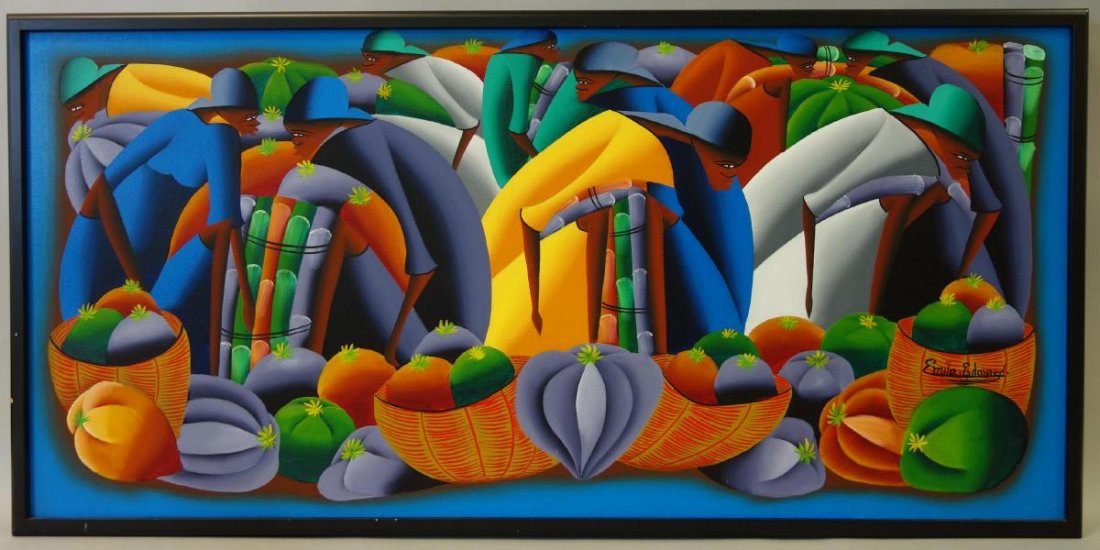 Haitian Oil on Canvas, Emile Edouard: Framed oil on canvas by Haitian artist Emile Edouard. The bright colorful painting depicts figures picking fruit. Measures 18.5" x 39.5". Framed, 20" x 41".