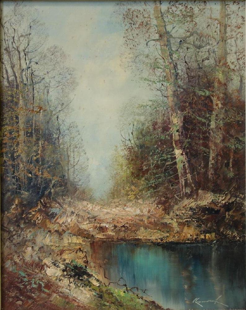 Kort (German b-1928) Lake Landscape: Framed oil on canvas by Artist "Kort" (Germany b-1928). The lake landscape painting is signed lower right. The verso is stamped W. T. Burger (retailed by). Measures 19.5" x 15.5". Framed, 26-3/8" x 22