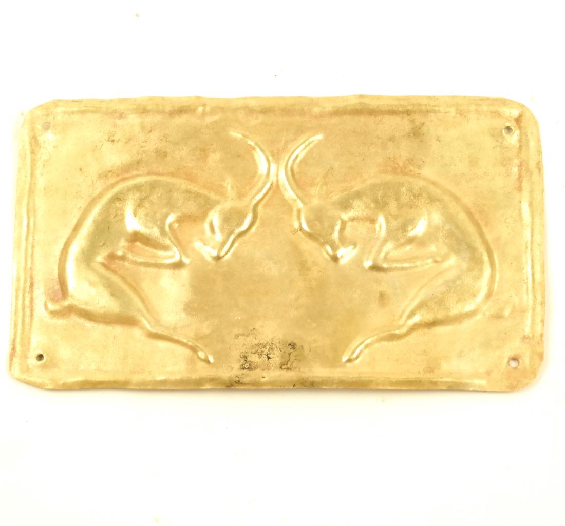 AN ASIAN GOLD SHEET RECTANGULAR PLAQUE OF TWO IBEXES (1 of 6)