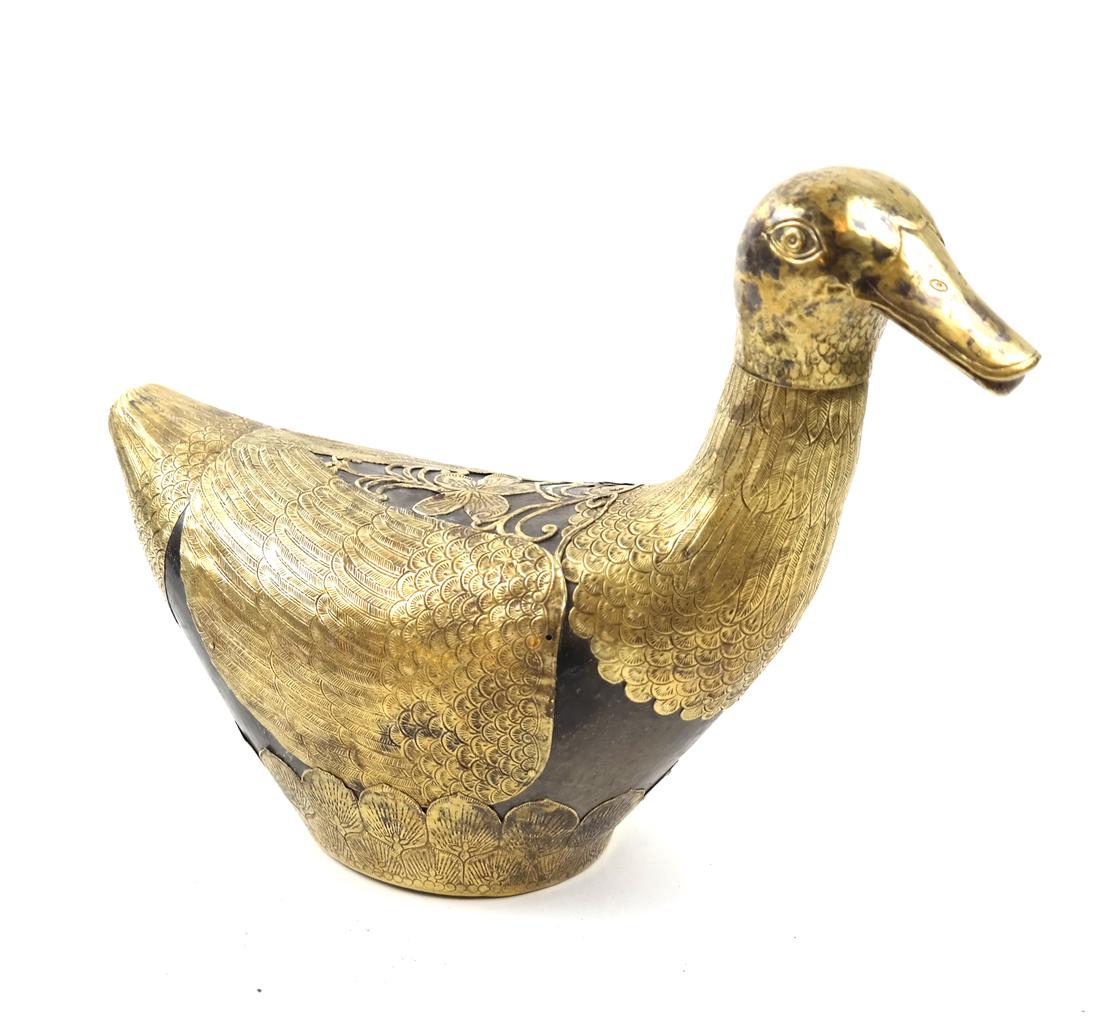 AN ASIAN LARGE BRASS DUCK-FORM VESSEL AND COVER (1 of 10)