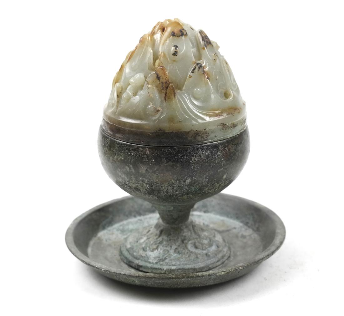 ASIAN BRONZE BOSHANLU WITH WHITE & RUSSET JADE/STONE (1 of 8)