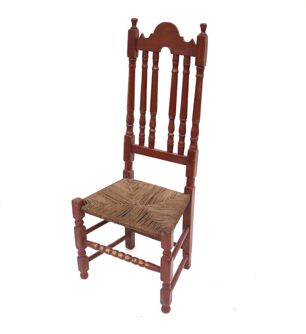 A RED-PAINTED TURNED-MAPLE BANNISTER-BACK SIDE CHAIR, (1 of 7)