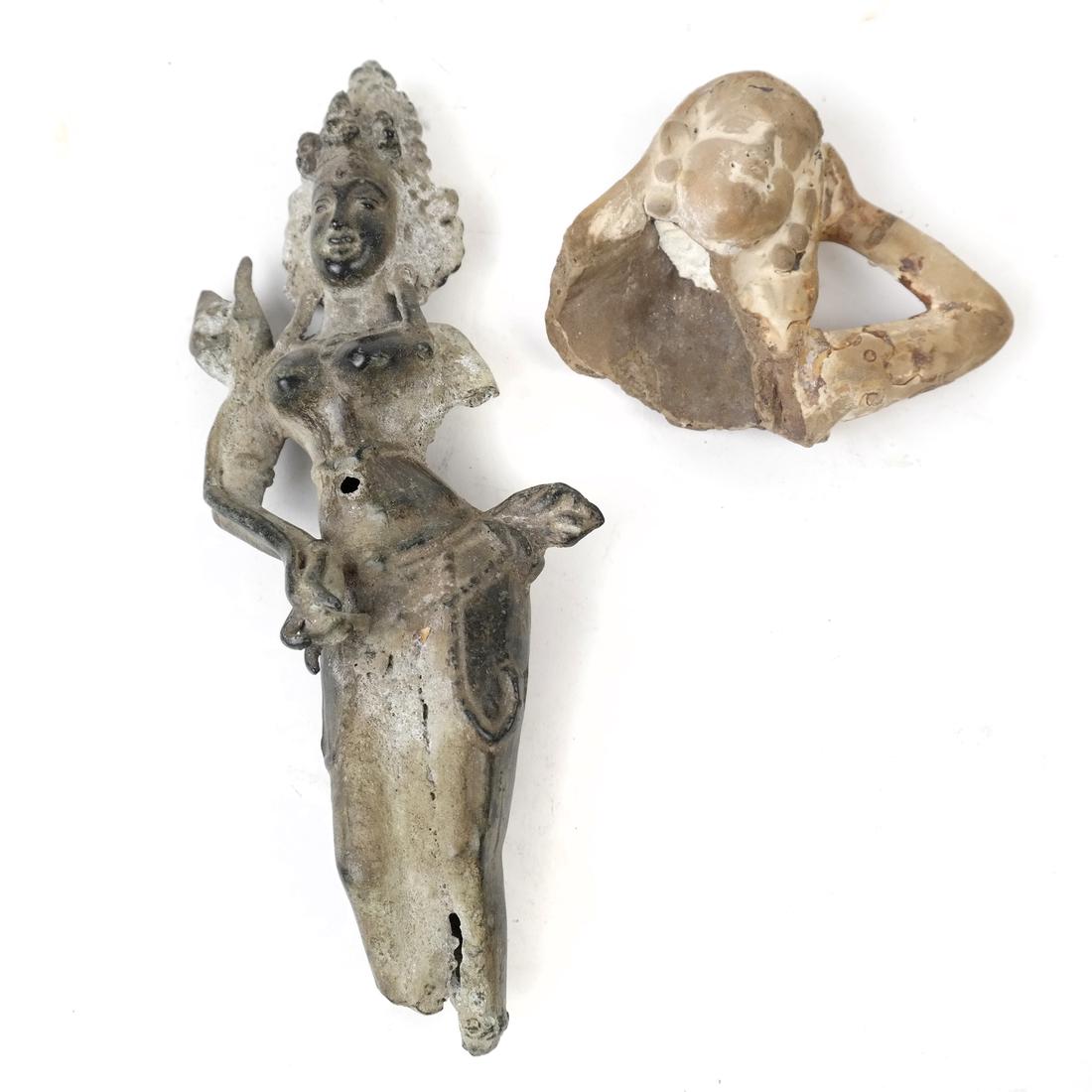 Two Various Deity Figural Shards: One pottery, the other bronze. [2 1/2" and 7 1/2" H x 3 1/2" W].