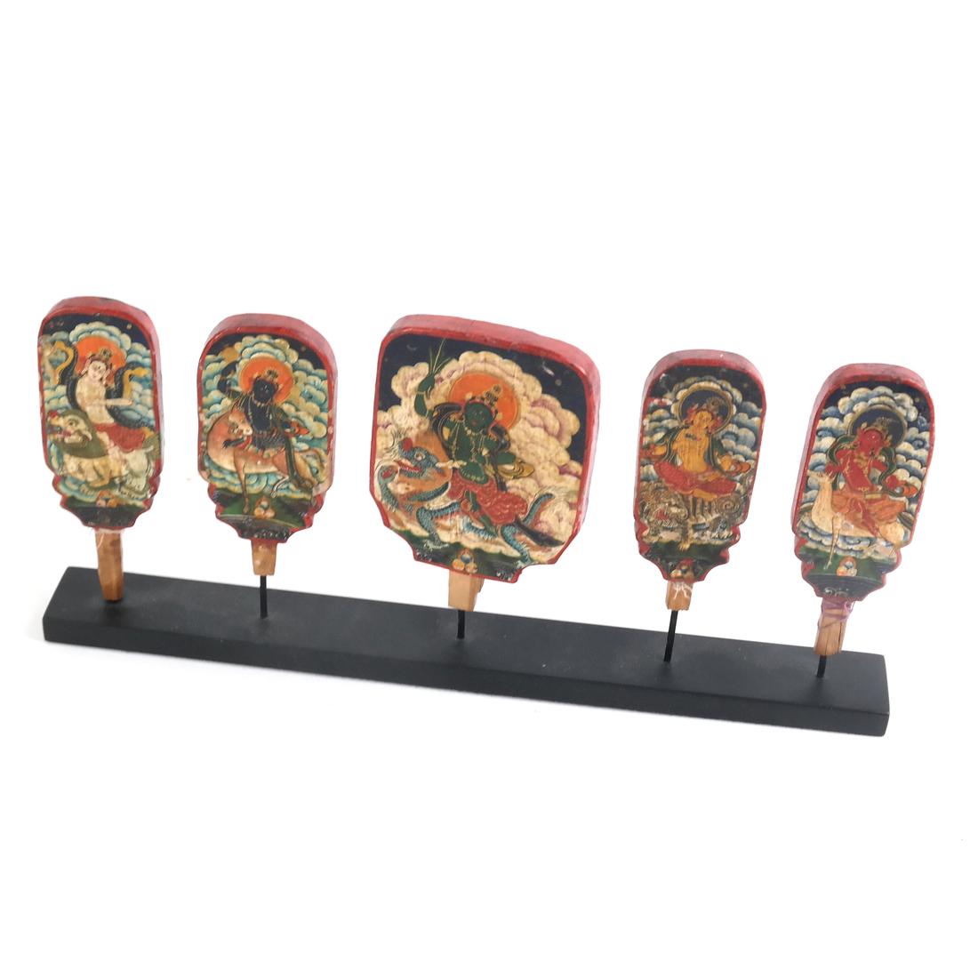 Early Painted Indonesian Cambodian Mini Panels: A group of five early painted Indonesian miniature panels depicting various gods, each inscribed with stories on back. [Each panel: approx. 3"].