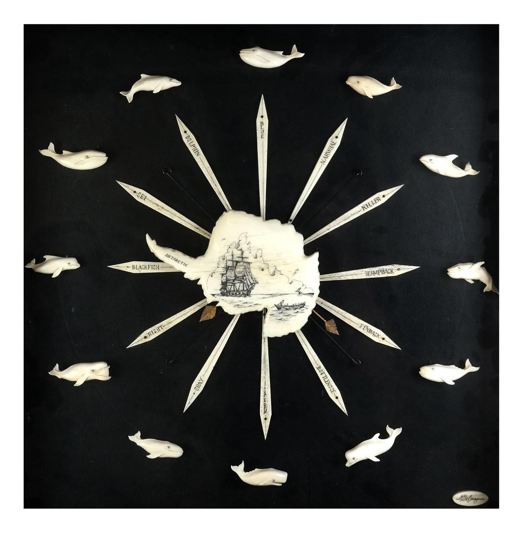 Kenneth D. Sprague Scrimshaw Clock: Sunburst-form depicting several species of whales. K.J. Sprague. [21" x 21"].