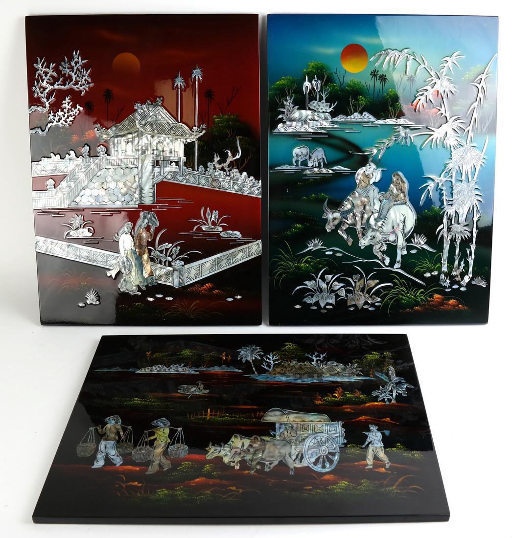 Three Lacquered Asian Panels (1 of 8)