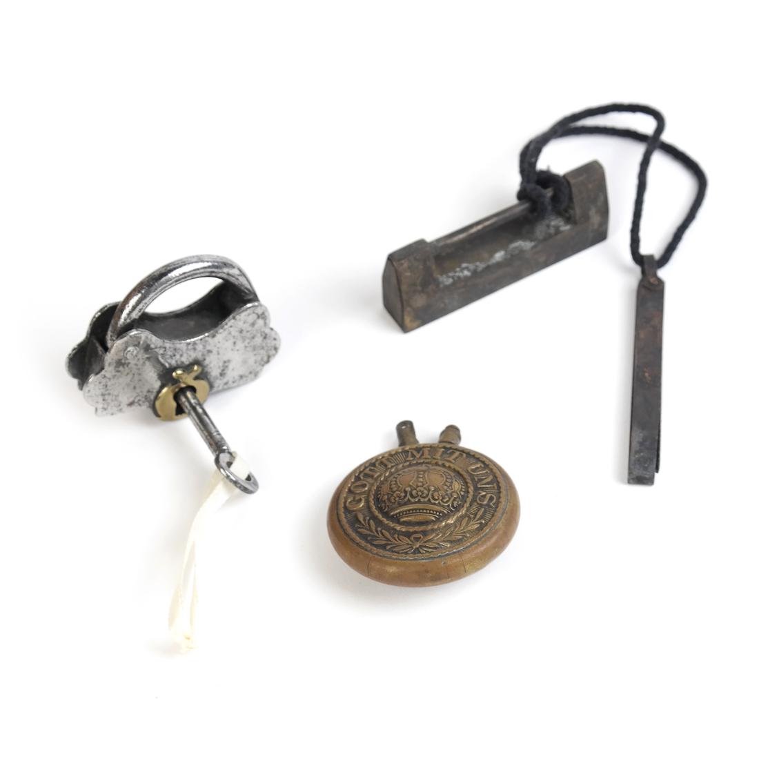 Three Miniature Items: Comprises: 1.) Antique brass lighter. 2.) Antique gun metal lock. 3.) Chinese lock.