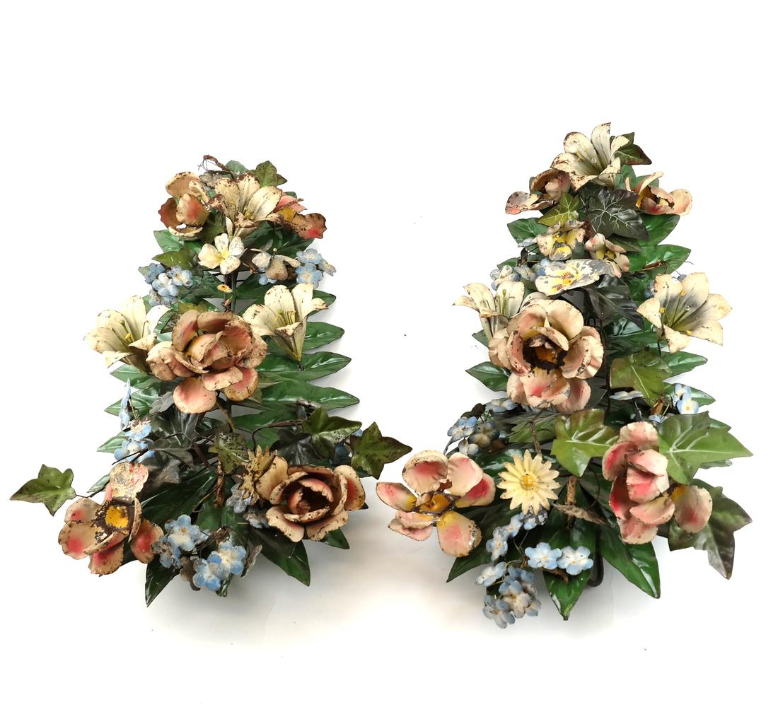 Pair of Metal Wall Appliques: Each with metal leaves and floral sprays. [17 1/2" H x 11" W x 5" D]. Wear.