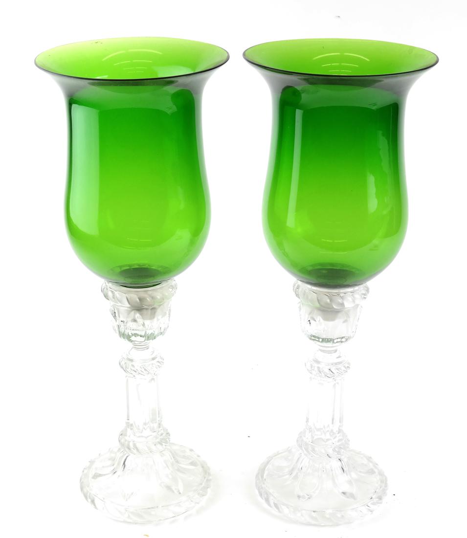 Pair of Green Glass Hurricane Lamps (1 of 5)