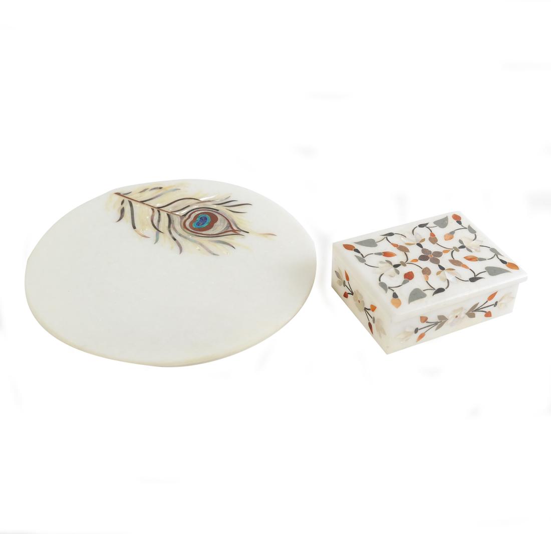 India Marble Inlaid Box and Plate: Includes covered marble inlaid box and floral plate.
