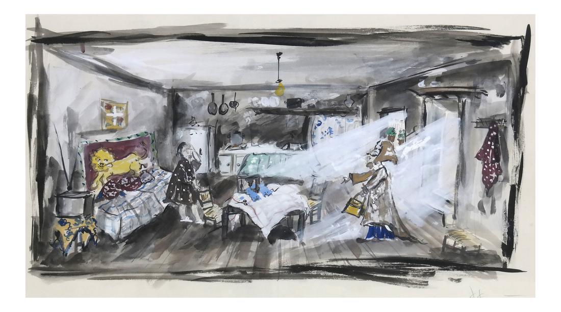 Konstantin Kakanias, Mrs. Tependris: Konstantin Kakanias (Greek b.1961) Mixed media interior scene with Mrs. Tependris. [Art: 15" x 24"; Frame: 26" x 36"]. Light toning and matte burn.