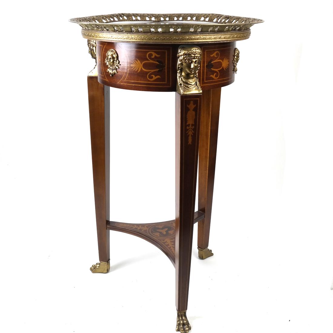 French-Style Bouillotte Stand: 20th century table with bronze female mounts. [28" H x 17 1/2" Dia].