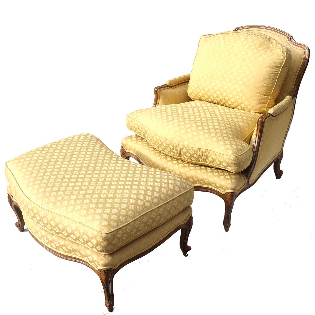 Two Part Provincial-Style Chaise: Provincial-style two-part yellow upholstered chaise. [Chaise: 33" L x 27" D x 35" H; Height to seat: 19"; Ottoman: 33" L x 21" D x 19" H].