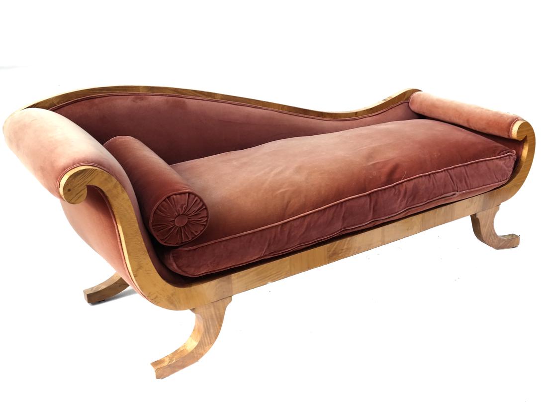 Biedermeier-Style Chaise: Velour upholstered Biedermeier chaise. [32 1/2" H x 79" L x 27" D]. Upholstery is worn. Nicks and losses to frame.