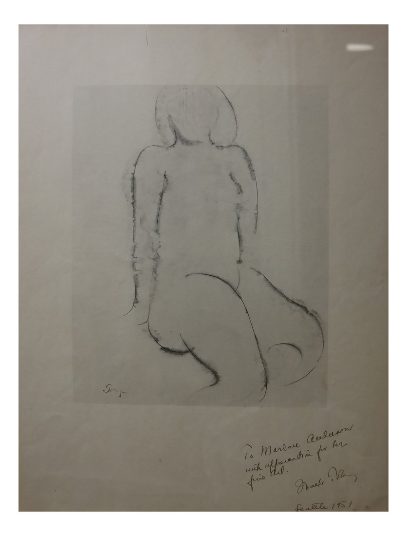 Attributed to M.Tobey, Female Nude-Print: Attributed to Mark Tobey (American, 1890 - 1976). A print depicting a seated nude. Signed illegibly in-the-plate; inscribed at bottom right margin, in ink. Framed behind glass. [Art: 10" H x 7.75" W; 