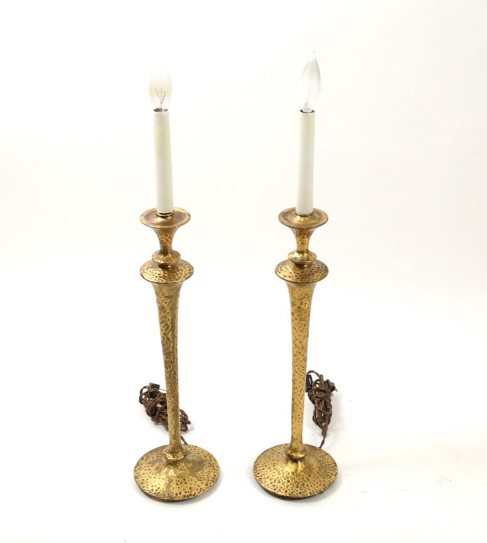 Pair Hammered Brass Candlestick Lamps (1 of 5)