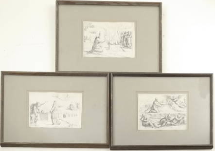 Augustin Hirschvogel, Three Works: Three framed etchings comprising: 1.) "Elijah Calling Fire From Heaven". 2.) "The Agony in the Garden". 3.) "Balak and Bileam". [Art: 4 1/2" x 6"; Frame: 9 1/2" x 12 1/2"]. All appear to be in good co