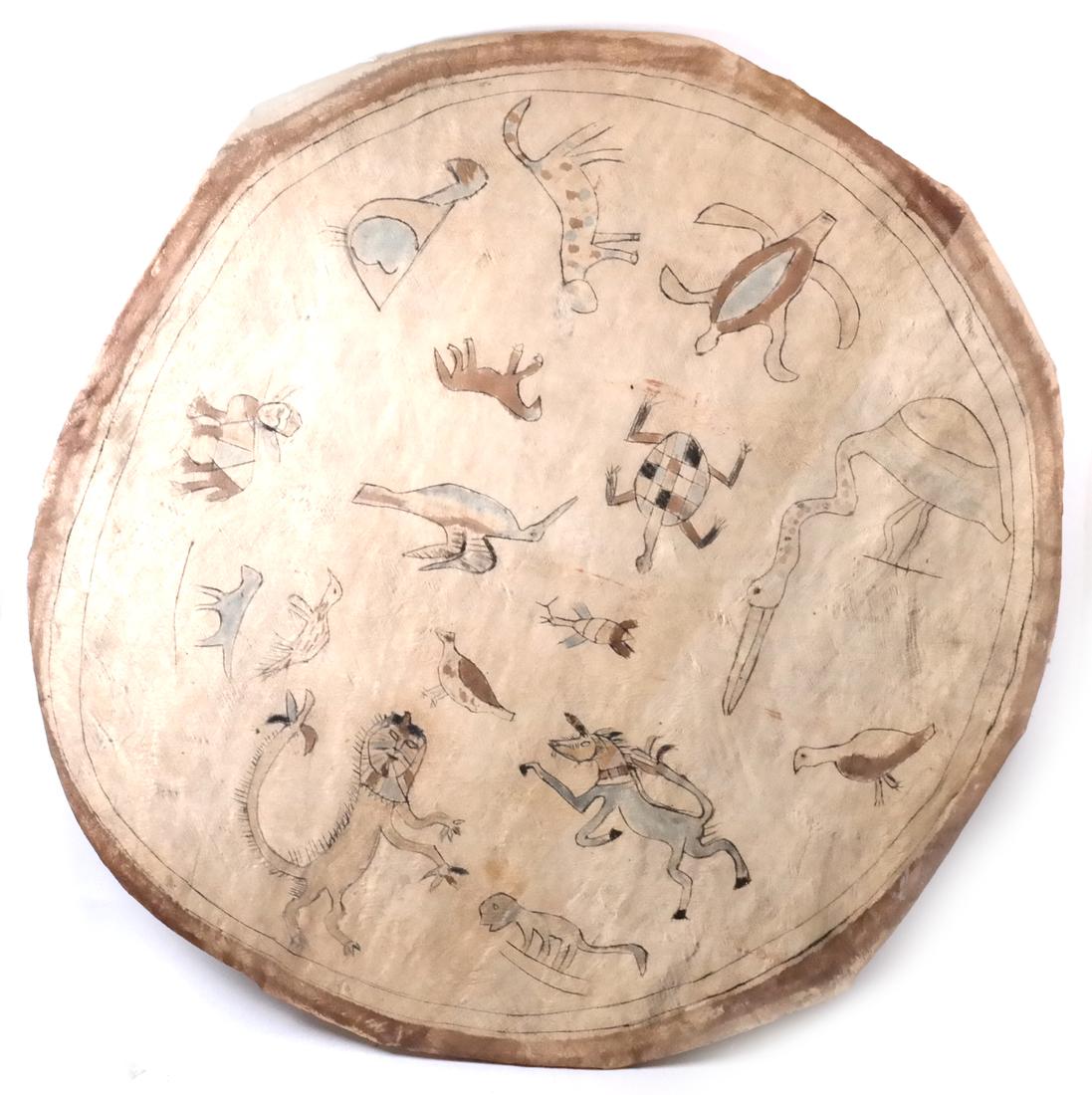 Aboriginal Circular Pictograph Storyboard: Paint and ink on woven linen mix, with stylized animals. [53 1/2" Dia approx.]. Few losses and imperfections.