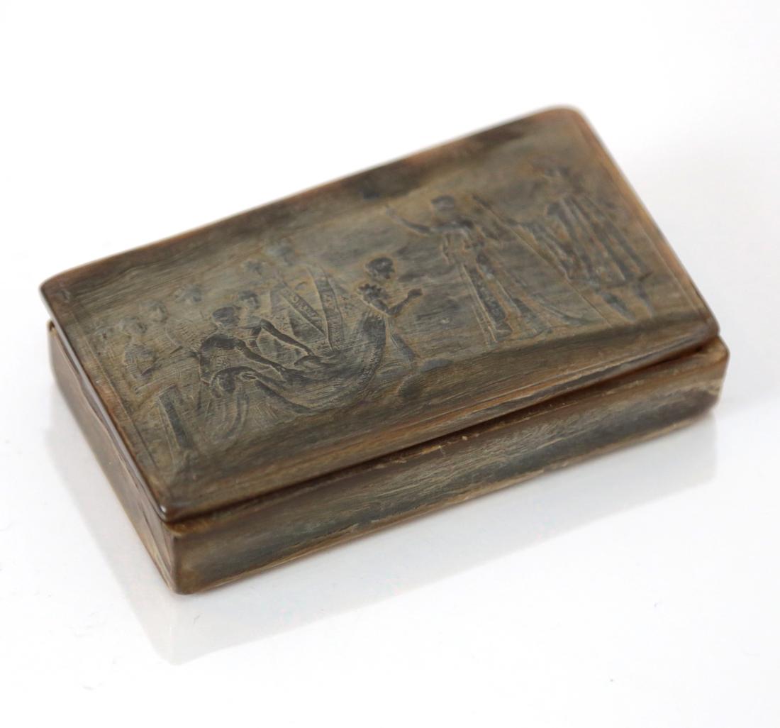 Horn Box: Horn box decorated and inscribed with "Couronnement de Josephine par Napoleon". [3 3/4" x 2 1/8 x 3/4" top of hinge].