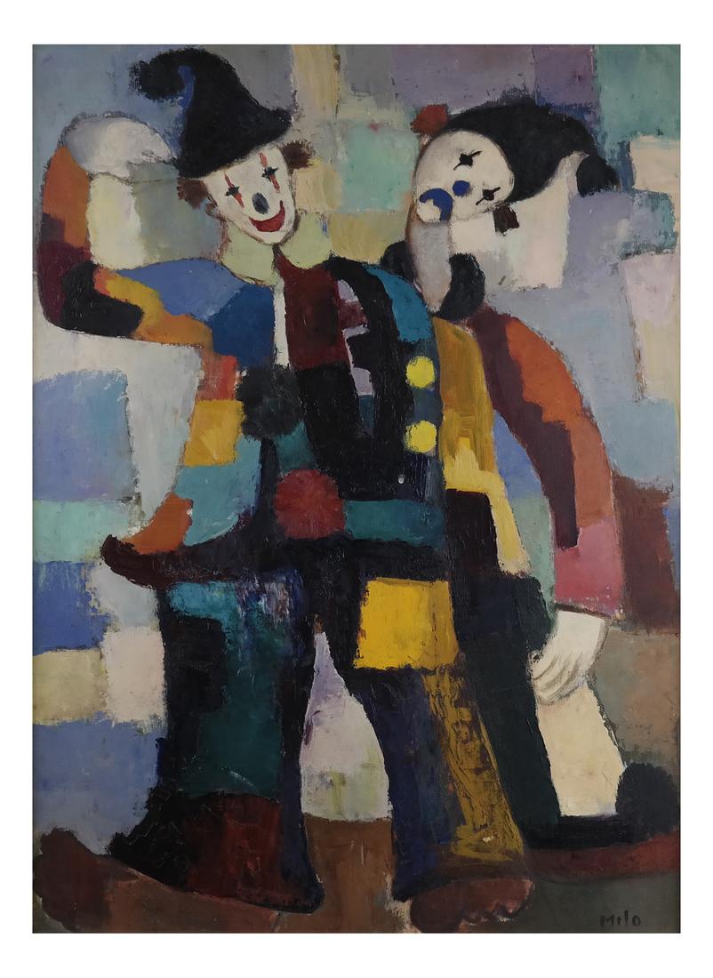 Modernist Clowns, Oil on Board: Framed oil on board of modernist-style clowns. Signed "Milo" bottom right. [Sight: 23 1/2" H x 17 1/2" W; Frame: 30" H x 23 1/2" W]. Overall good condition.