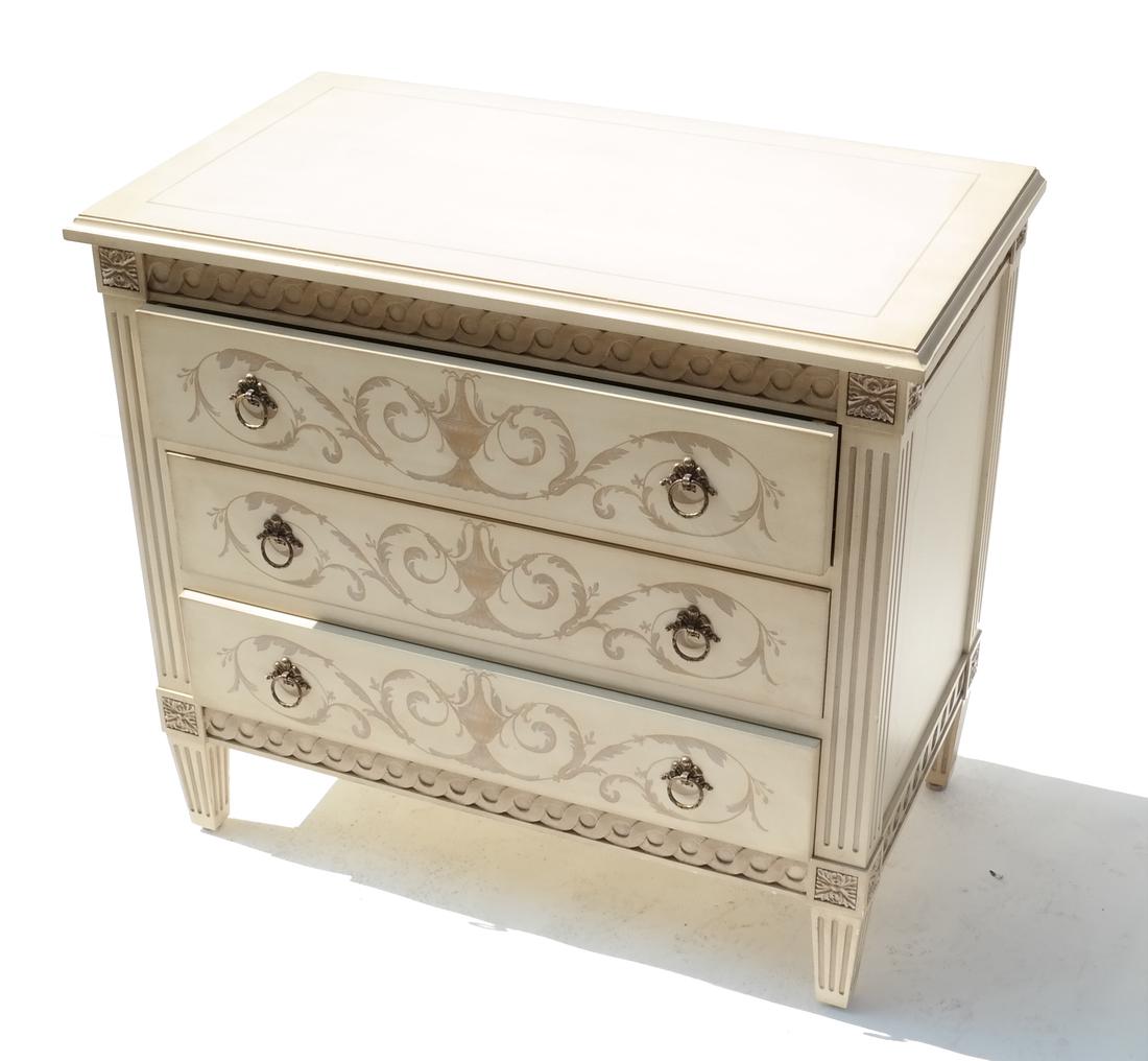 Classical-Style Decorated Commode: Three-drawer commode on short tapered and fluted legs. [approximately 28 1/2" H x 32" W x 18" D].