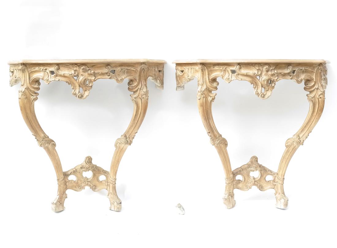 Pair of Rococo French-Style Wall Consoles: Pair of Rococo Louis XV-style pickled finish wood console tables. [36" L x 16" D x 33" H].