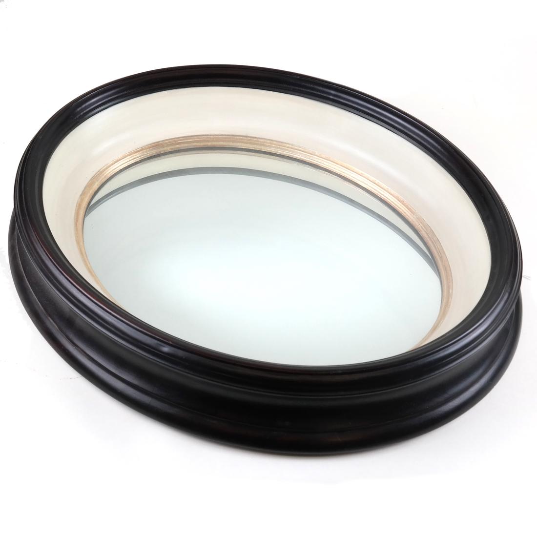 Black Painted Oval Mirror By Baker: Black Painted Oval Form Mirror by Baker. [24" H x 20 1/2"W x 5" D]. Overall good condition.