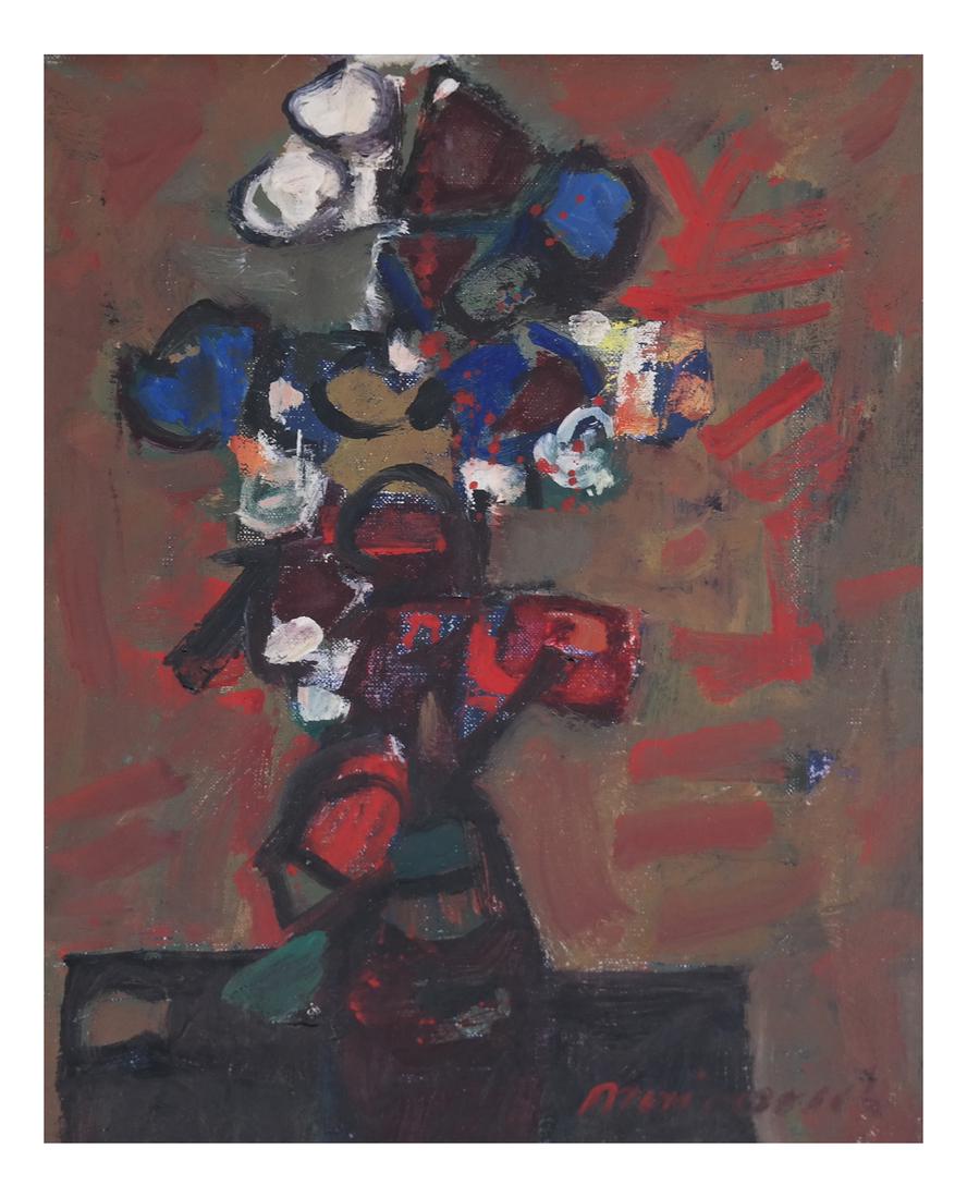 Zvi Mairovich, Still Life-Oil On Canvas: Zvi Mairovich (Israeli, 1911-1974) Framed still life, signed at bottom right. Inscribed on verso. [Sight: 12 1/2" H x 9" W; Frame: 19" H x 15 5/8" W]. Overall good condition with wear.