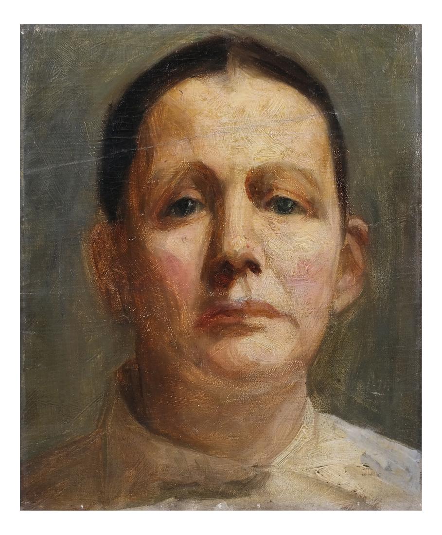 Portrait Of A Man - Oil on Canvas: Framed oil on canvas laid on board depicting a neck length portrait of a man. Apparently not signed. [Sight: 11 3/4" H x 9 3/4" W; Frame: 17" H x 15" W]. 7" crease mark across top half of painting.