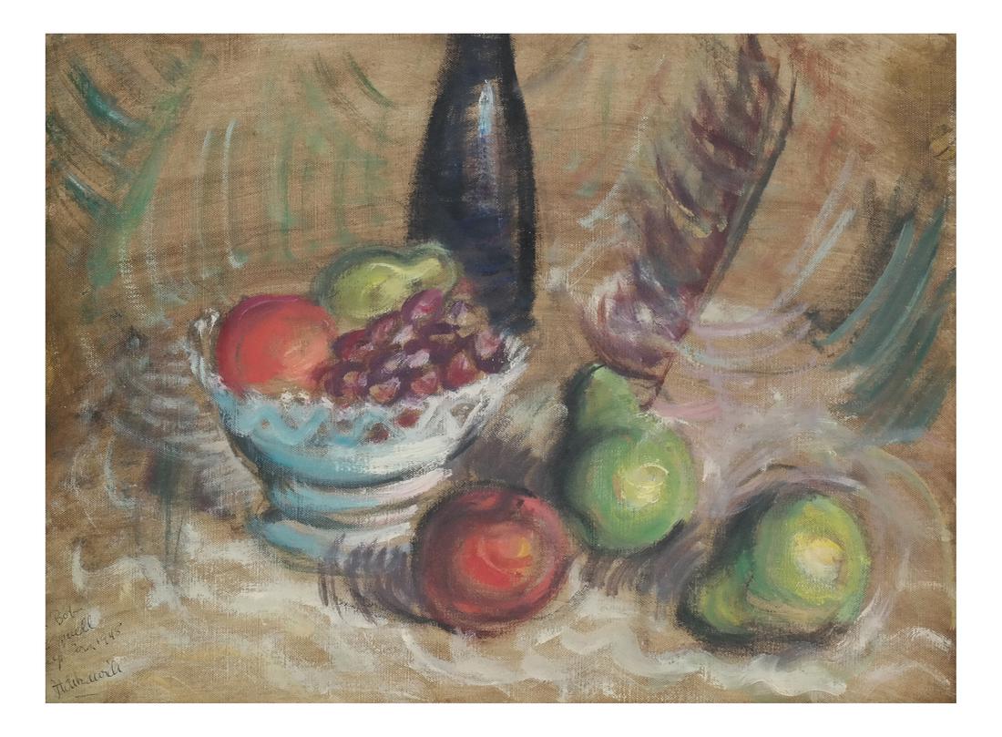 Still Life, Fruit, American School: Still Life of Fruits inscribed 'To Bob/for swell/days in 1948...' (lower left). Oil on canvas. [11 12" x 16"].